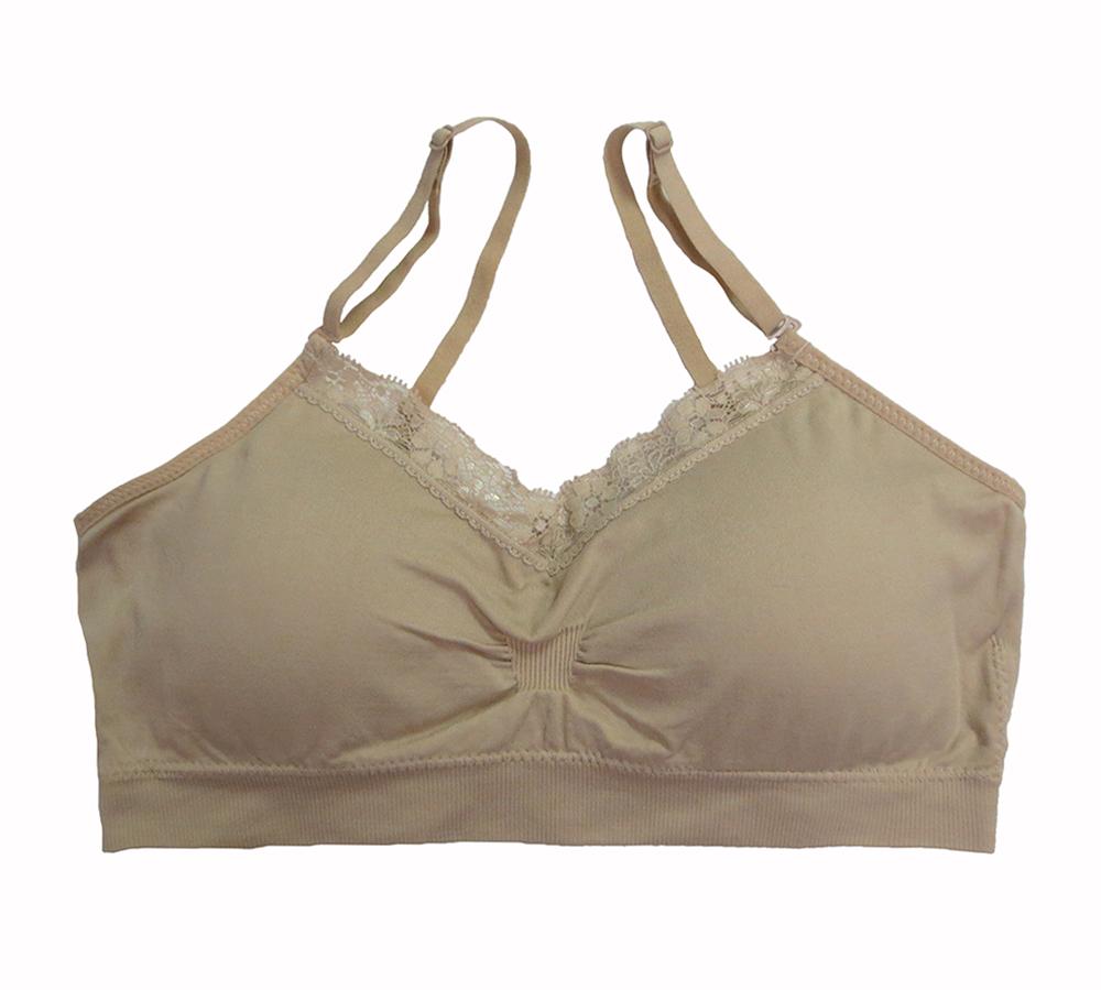 Coobie Intimates Wirefree V-Neck Lace Trim Bra Full Size Taupe 9042 NWT